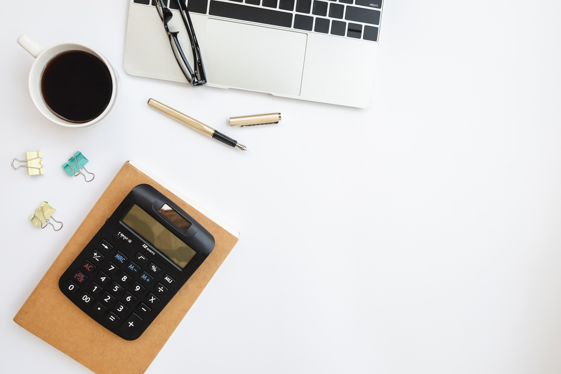 Office Desk Table with Laptop and Office Essentials FLatlay